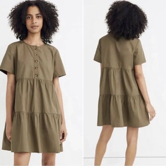 Madewell Button-Front Short-Sleeve Tiered Mini Dress Sz S Olive green - Picture 1 of 9
